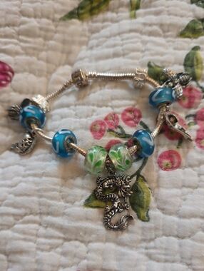 Silver Charm Bracelet with Blue & Green Glass Beads and Dragon Pendant